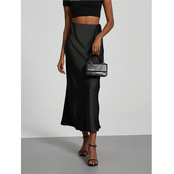 Black Satin A-Line Skirt High Waisted Long - Picture 8 of 12